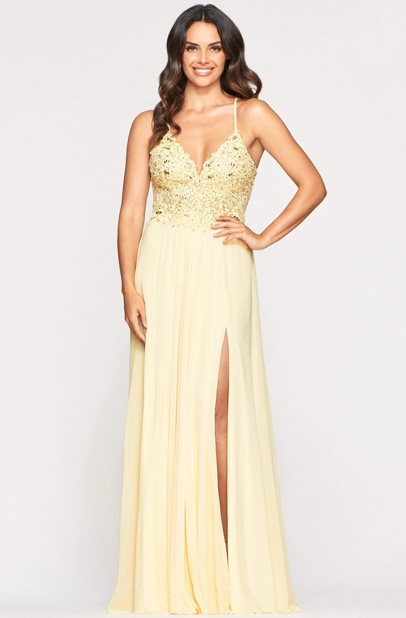 Image of Faviana - 10005 Lacy V-neck Chiffon Evening Gown