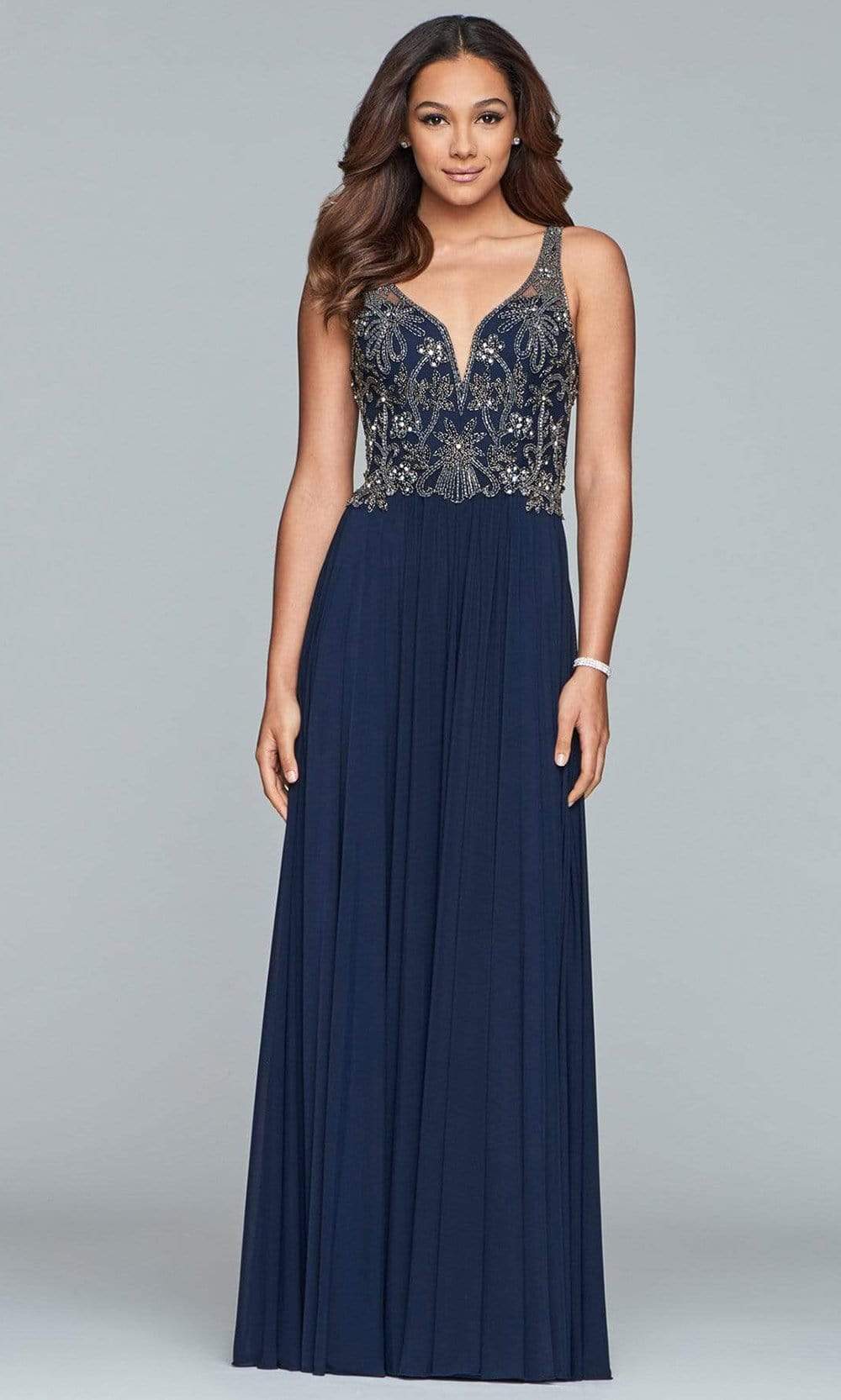 Image of Faviana - 10017 Beaded V-neck A-line Dress