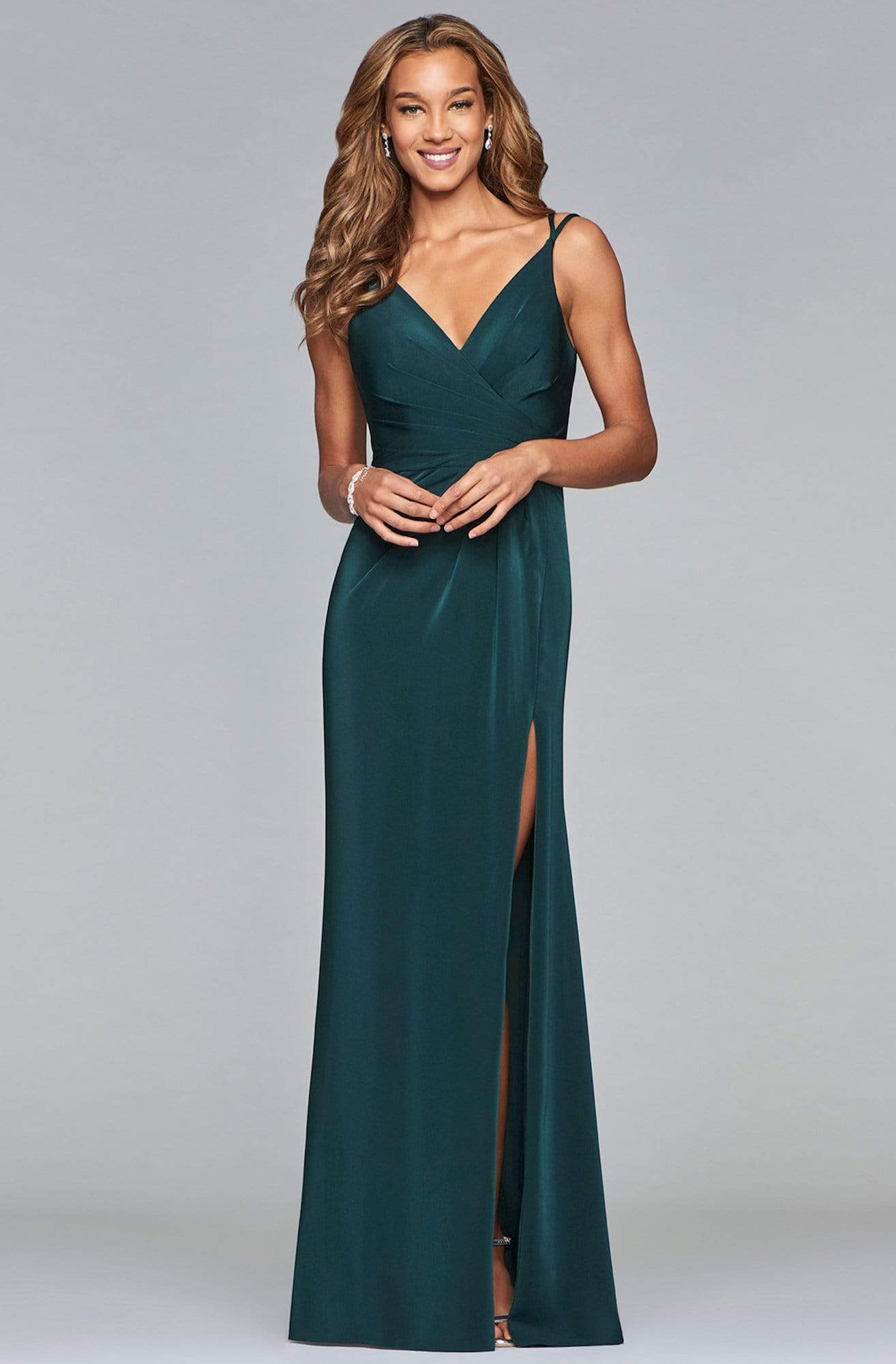 Image of Faviana - 7755 Sleeveless V Neck High Slit Faille Satin Dress