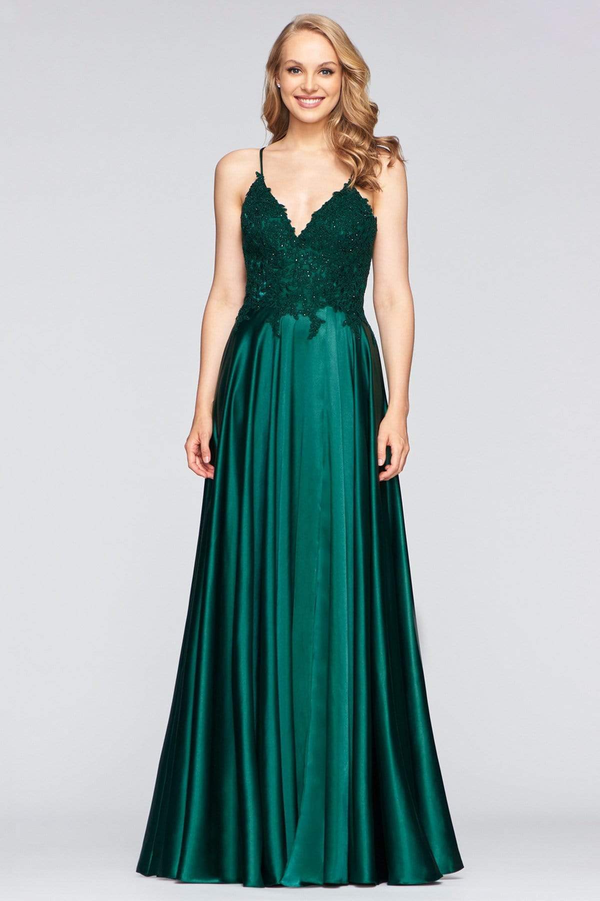 Image of Faviana - S10400 Beaded Lace V Neck Flowy Satin Gown