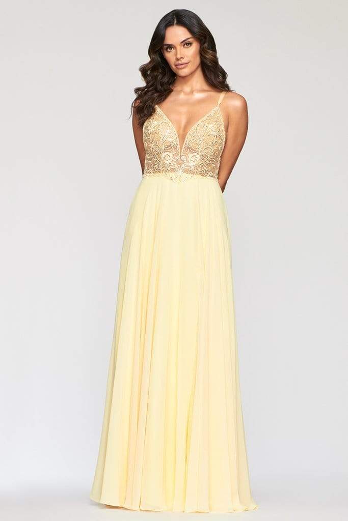 Image of Faviana - S10431 Embroidered Plunging Sheer Bodice High Slit Dress