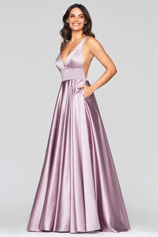 Image of Faviana - S10474 V-Neck Empire Modest Prom Satin Dress