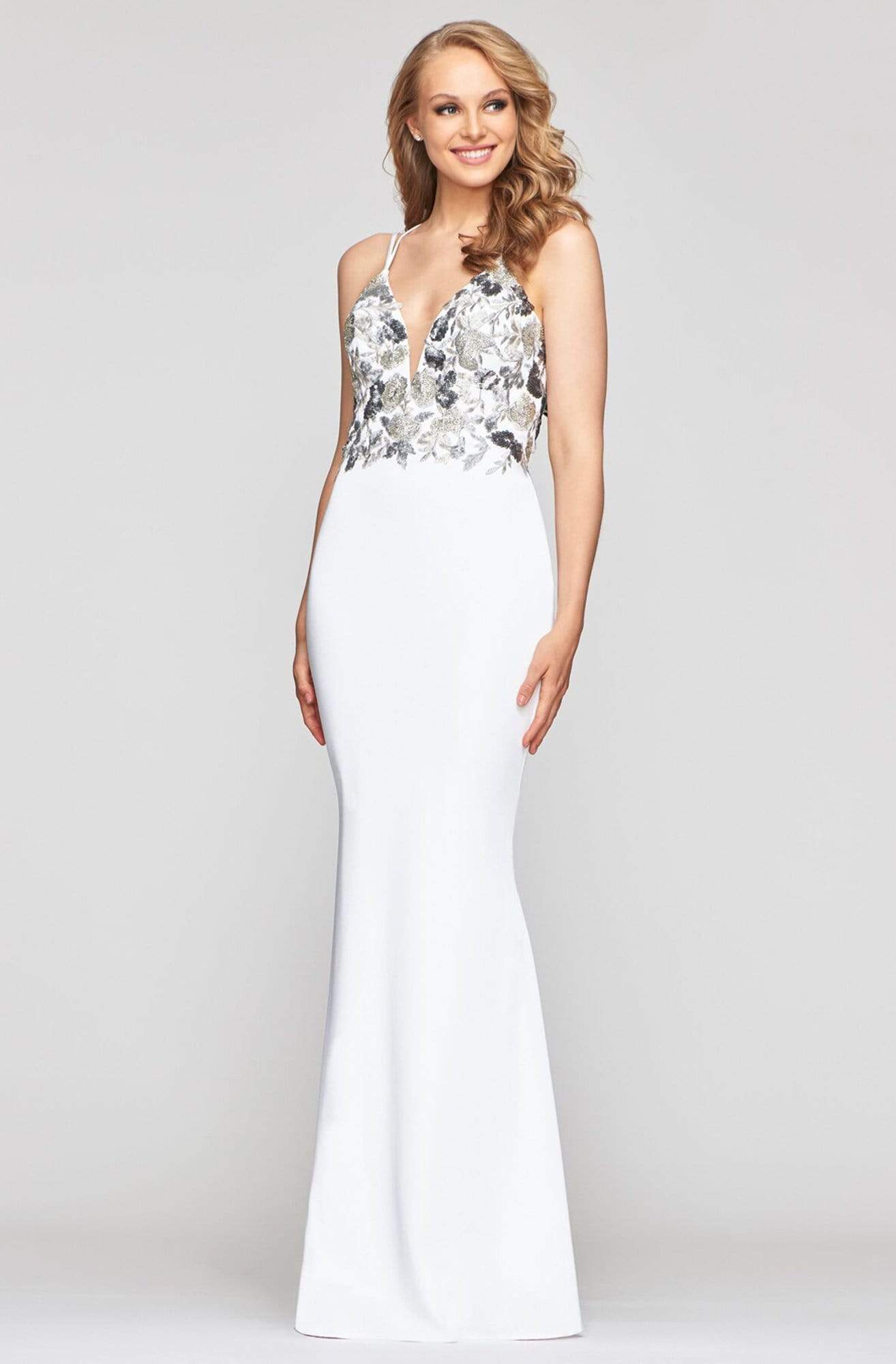 Image of Faviana - S10475 Embroidered Deep V-neck Faille Satin Simple Prom Dress