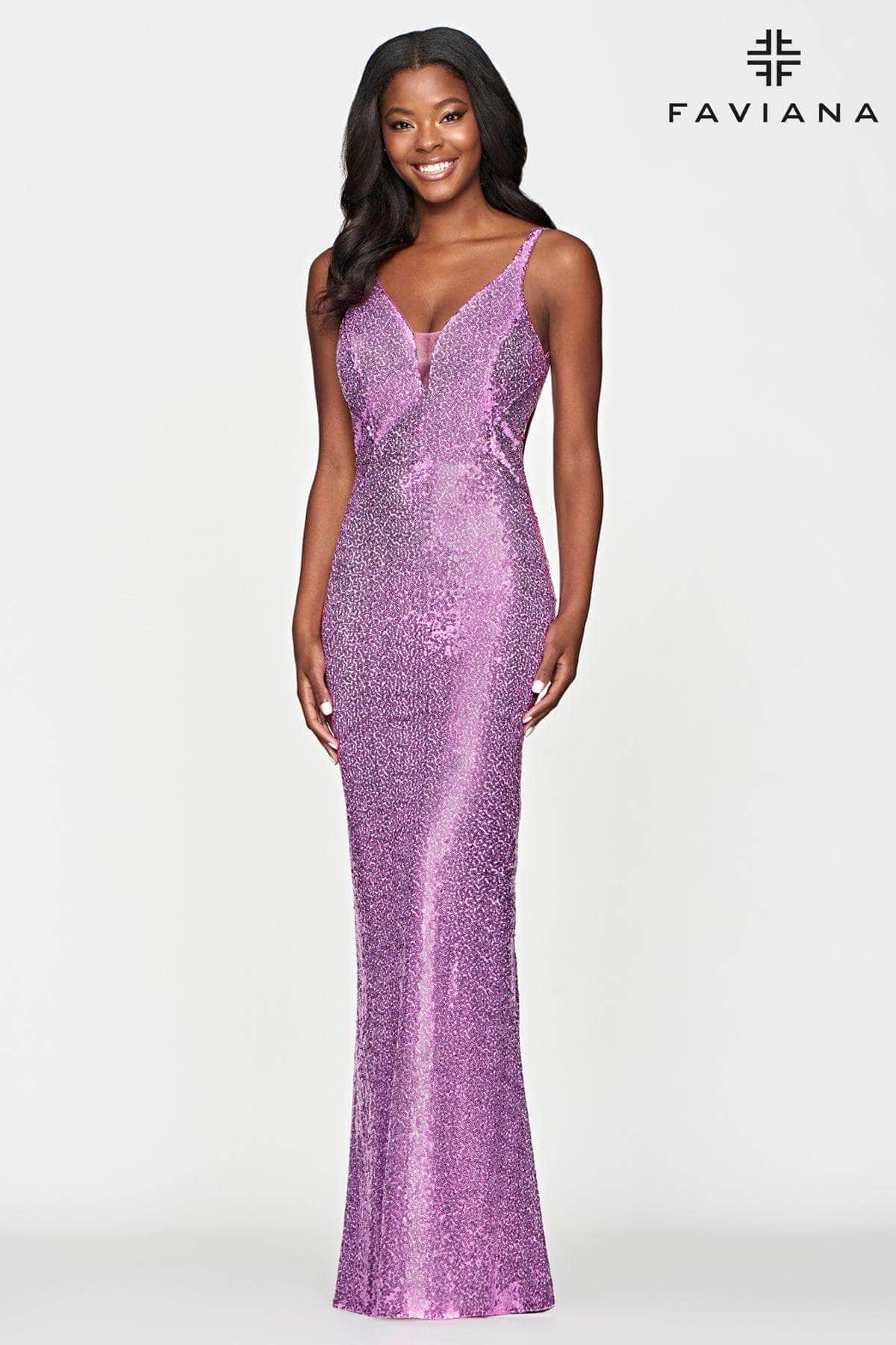 Image of Faviana - S10636 V-Neck Cut-Out Back Sequin Prom Dress