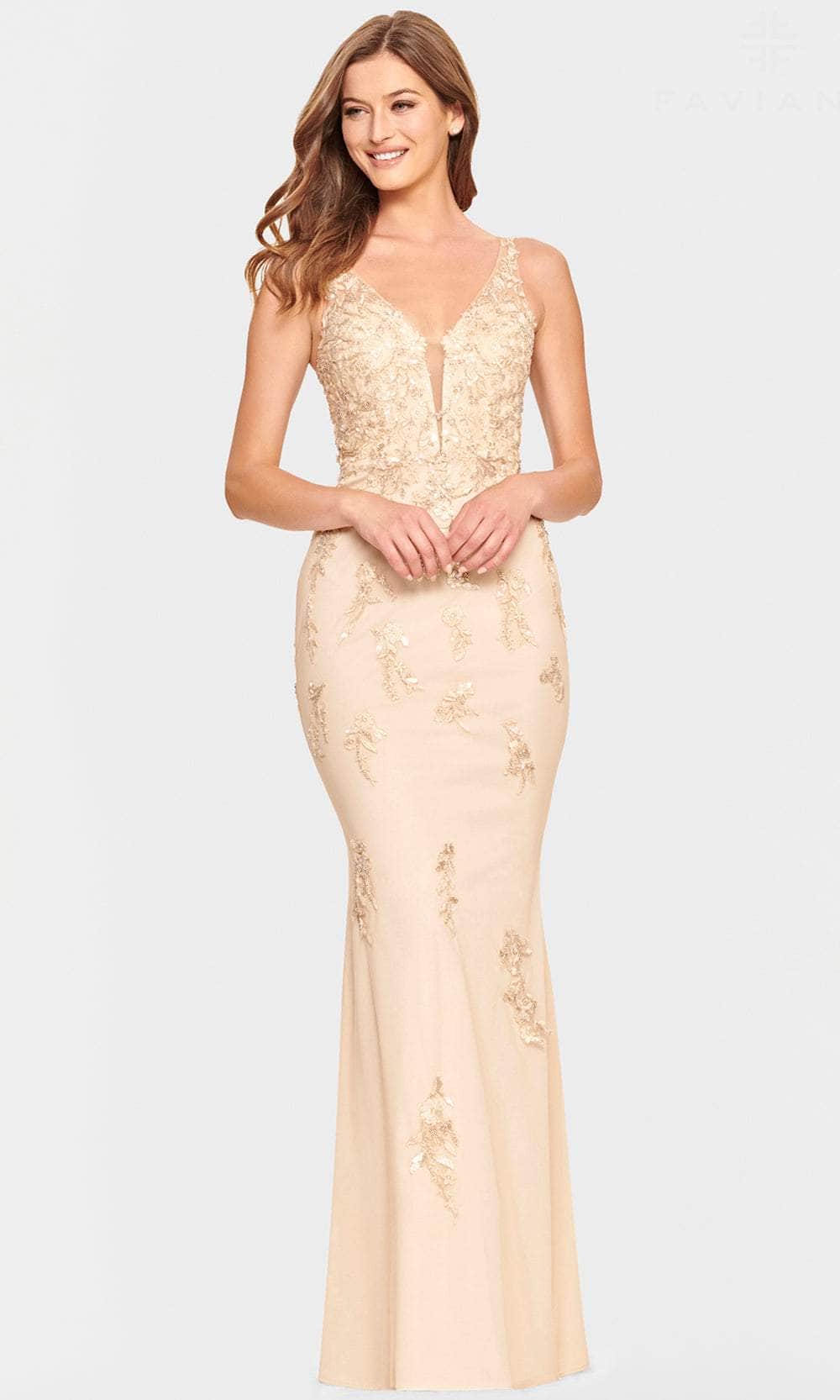 Image of Faviana S10855 - V Neck Appliqued Tulle Prom Dress