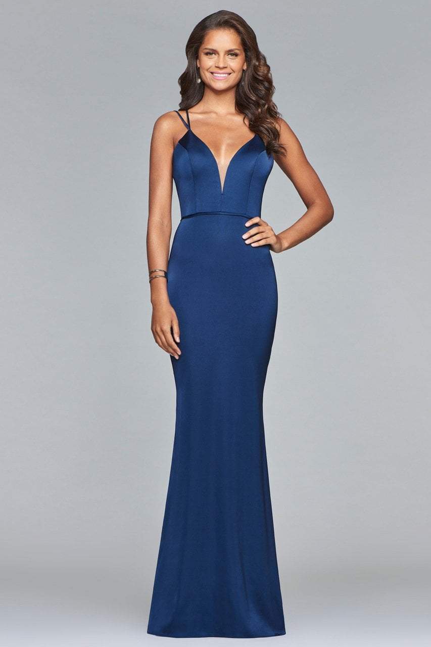 Image of Faviana - s10012 Plunging Matte Satin Sheath Gown