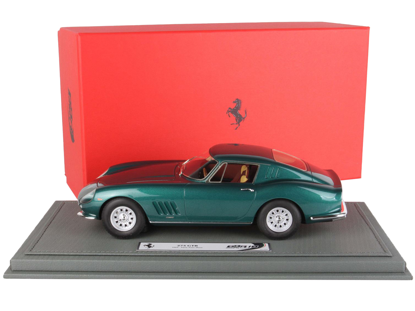Image of Ferrari 275 GTB Dark Green Metallic "Paris Auto Show" (1964) with DISPLAY CASE Limited Edition to 200 pieces Worldwide 1/18 Model Car by BBR