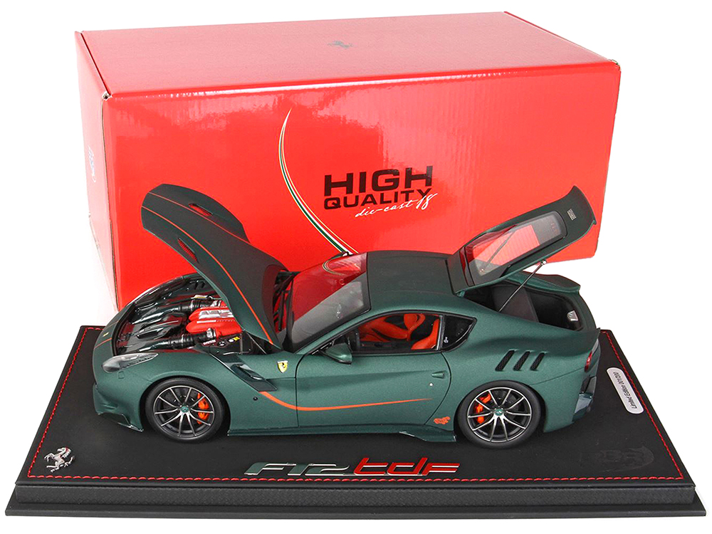 Image of Ferrari F12 TDF Matt Green with Orange Stripes and Orange/Black Interior with DISPLAY CASE Limited Edition to 200 pieces Worldwide 1/18 Model Car by