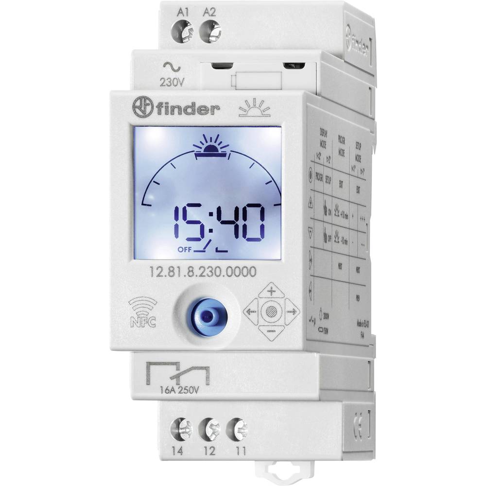 Image of Finder DIN rail mount timer Operating voltage: 230 V AC 128182300000 1 change-over 16 A 250 V AC Astronomical