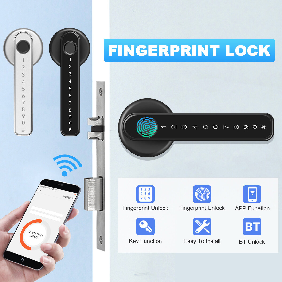 Image of Fingerprint Door Lock Digital Password Smart Entry Bluetooth Key APP Security