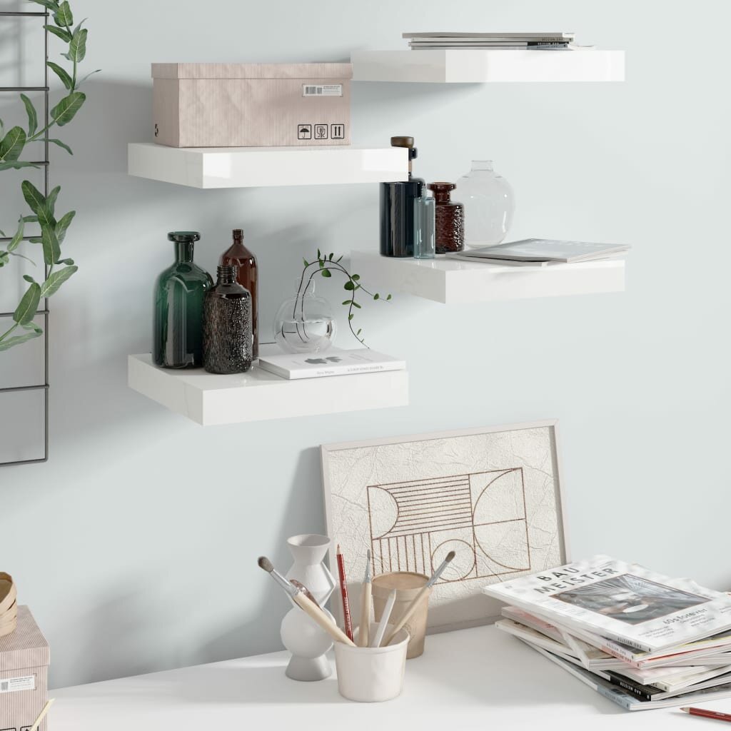 Image of Floating Wall Shelves 4 pcs High Gloss White 91"x93"x15" MDF