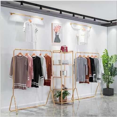Image of Floor hanger Golden clothes rack Bedroom Furniture Simple clothing store display racks Ladies&#039shop shelves iron Shopping cloth stores shelf