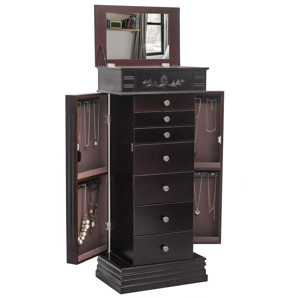 Image of Floor-standing Jewelry Storage Cabinet Scratch Resistant 7 Drawers 2 Side Doors With Mirror - Brown