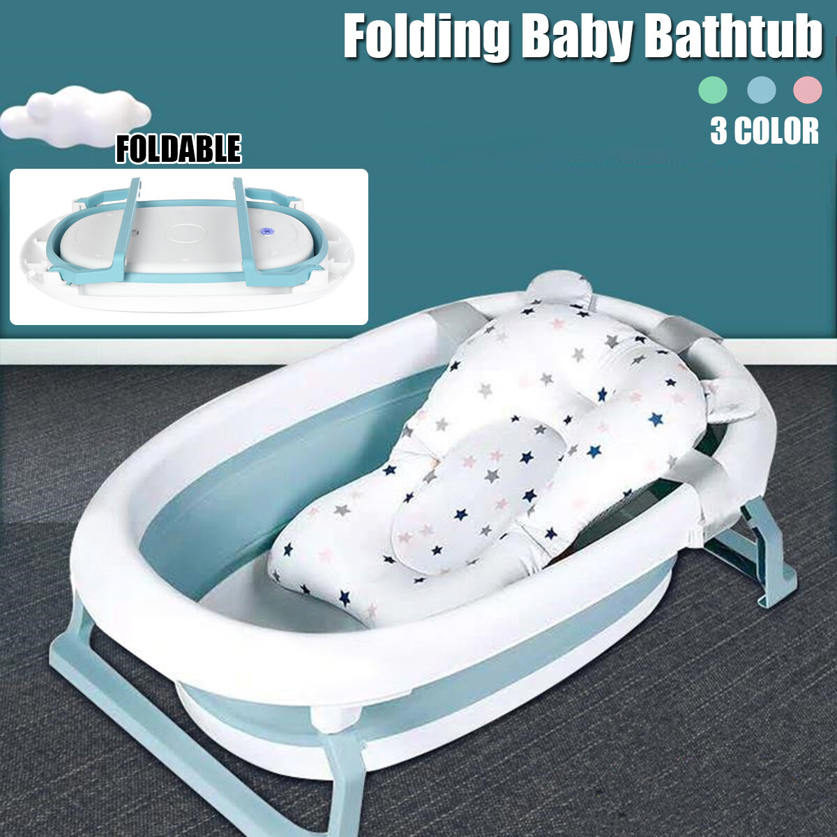 Image of Folding Baby Bathtub Newborn Toddler Collapsible Bath Support w/ Cushion BlueGreen Pink