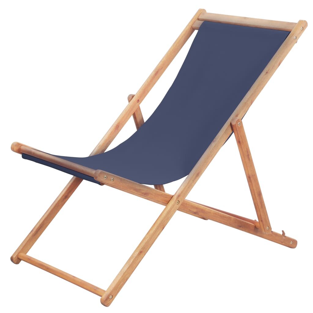Image of Folding Beach Chair Fabric and Wooden Frame Blue