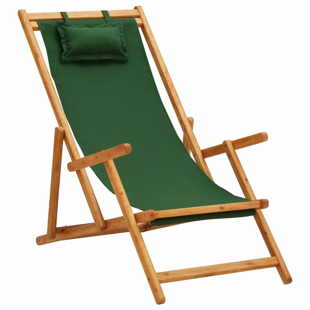Image of Folding Beach Chair Solid Eucalyptus Wood and Fabric Green