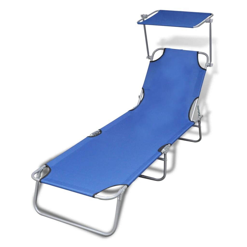 Image of Folding Sun Lounger with Canopy Steel and Fabric Blue