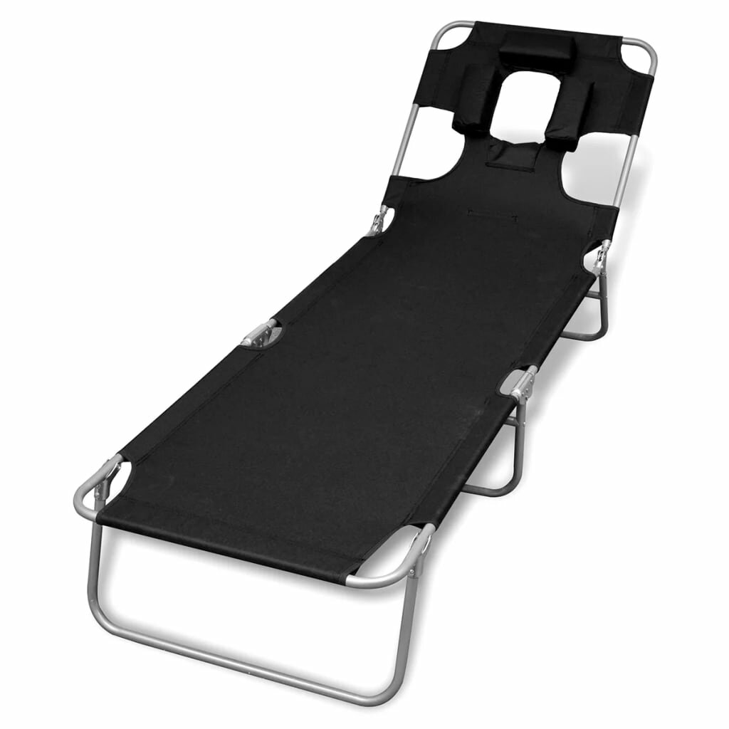 Image of Folding Sun Lounger with Head Cushion Powder-coated Steel Black