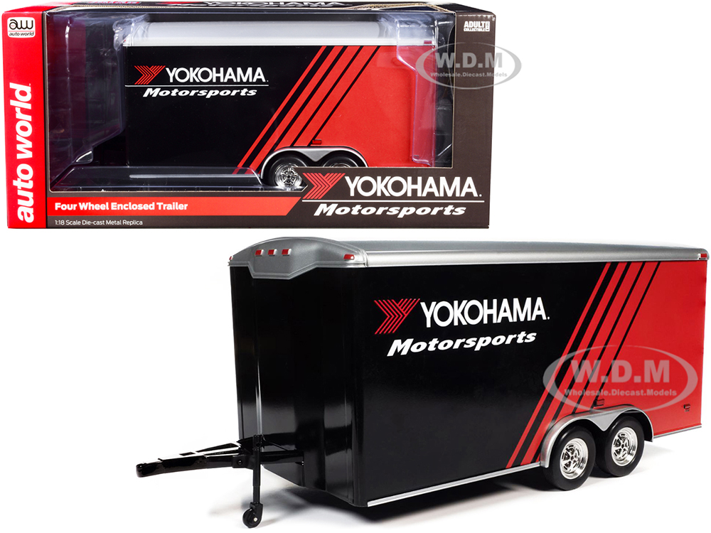 Image of Four Wheel Enclosed Car Trailer "Yokohama Motorsports" Black and Red for 1/18 Scale Model Cars by Auto World