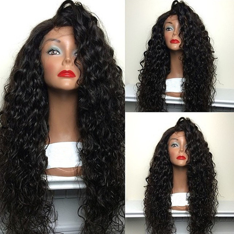 Image of Free shipping Cheap High Quality Heat Resistant Japan Fiber Long Black Water Wave Synthetic Lace Front Wigs With Baby Hair for Black Women