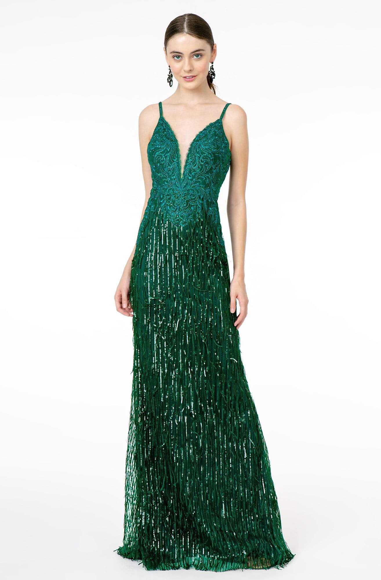 Image of GLS by Gloria - GL1824 Plunging Sequin Fringed Sheath Gown