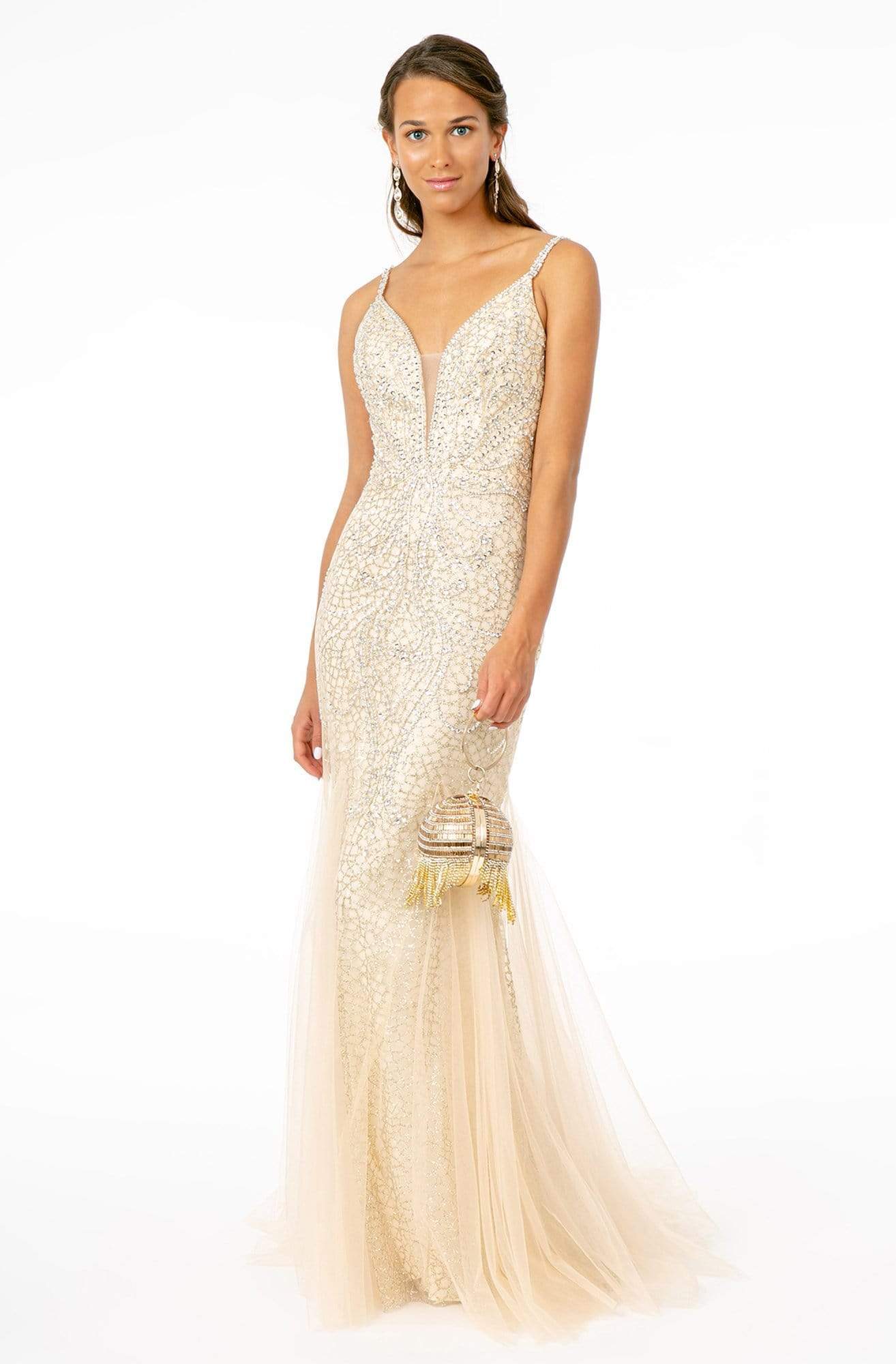 Image of GLS by Gloria - GL1842 Plunging Beaded Metallic Tulle Trumpet Gown