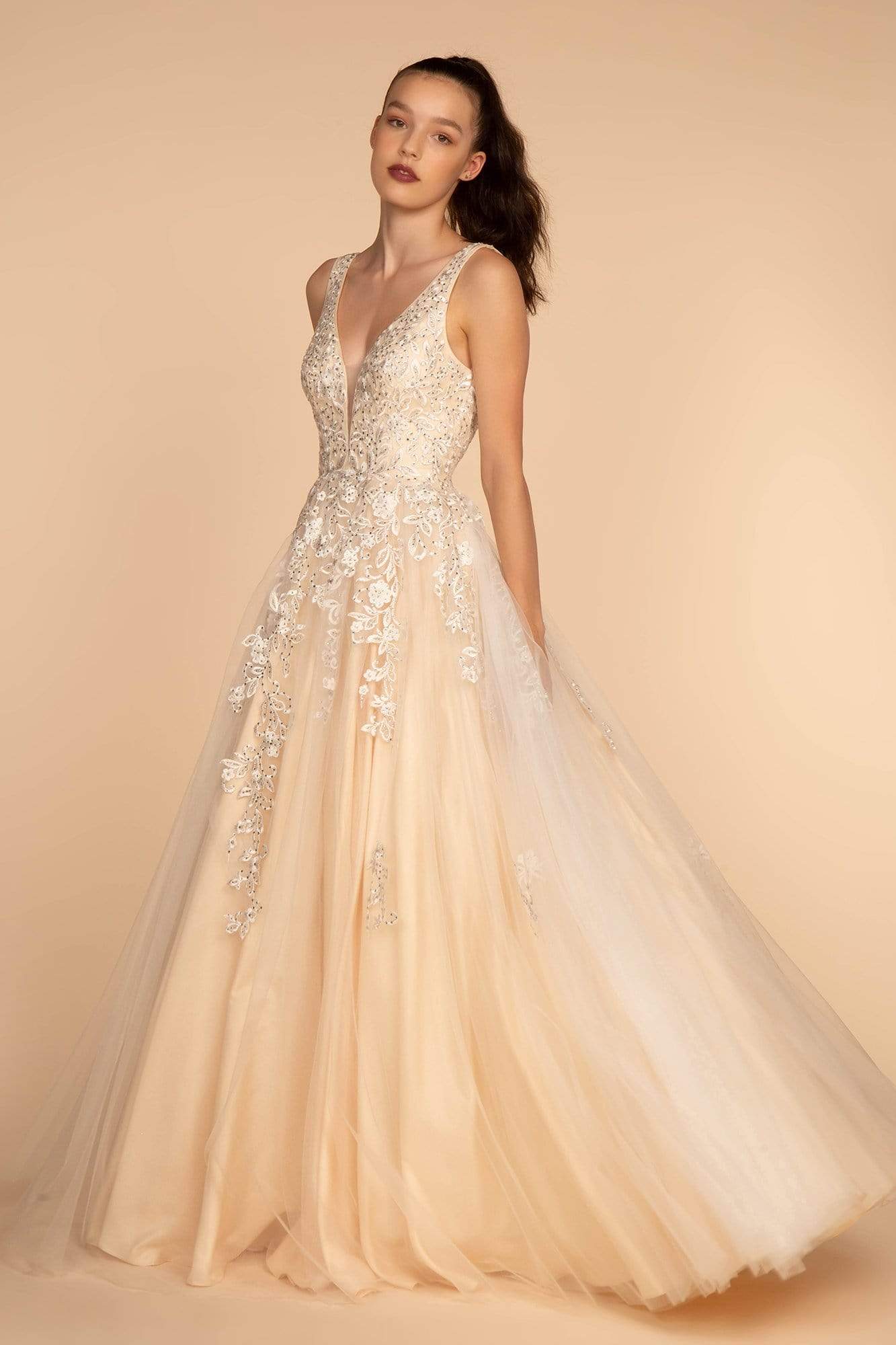 Image of GLS by Gloria - GL2529 Plunging V-Neck Trailing Blossom Gown