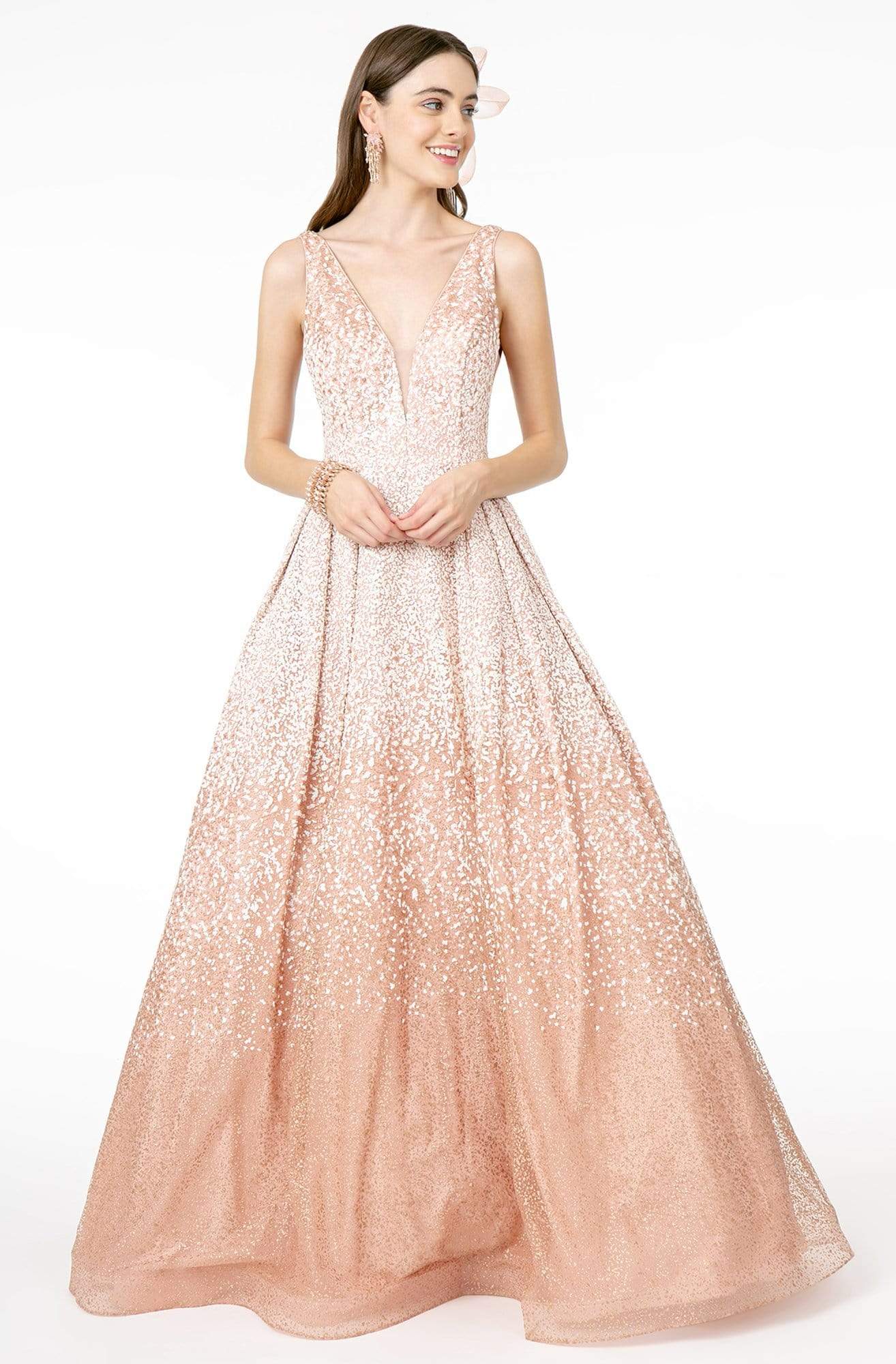 Image of GLS by Gloria - GL2908 Deep V-Neck Glitter Tulle A-Line Dress