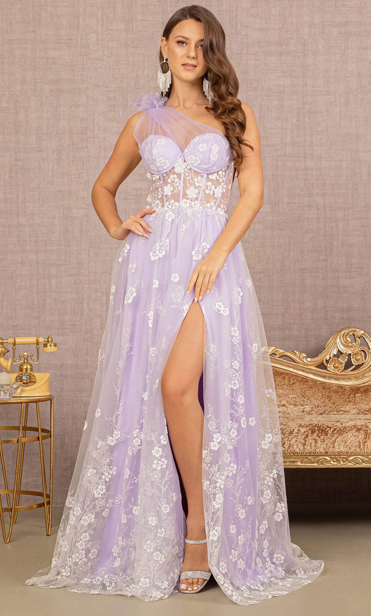 Image of GLS by Gloria GL3134 - Asymmetric Floral Glitters Prom Gown