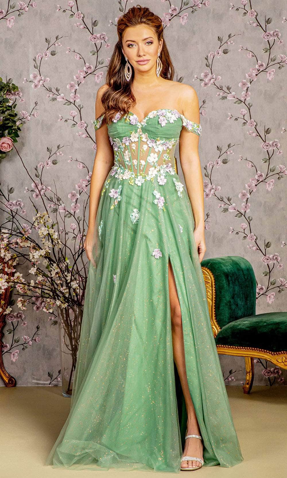 Image of GLS by Gloria GL3227 - Off-Shoulder Floral Embellished Prom Gown