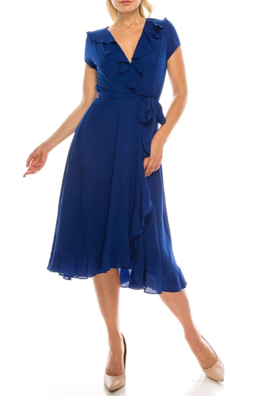 Image of Gabby Skye - 56839MG Short Sleeve Metallic Pinstriped Faux Wrap Dress