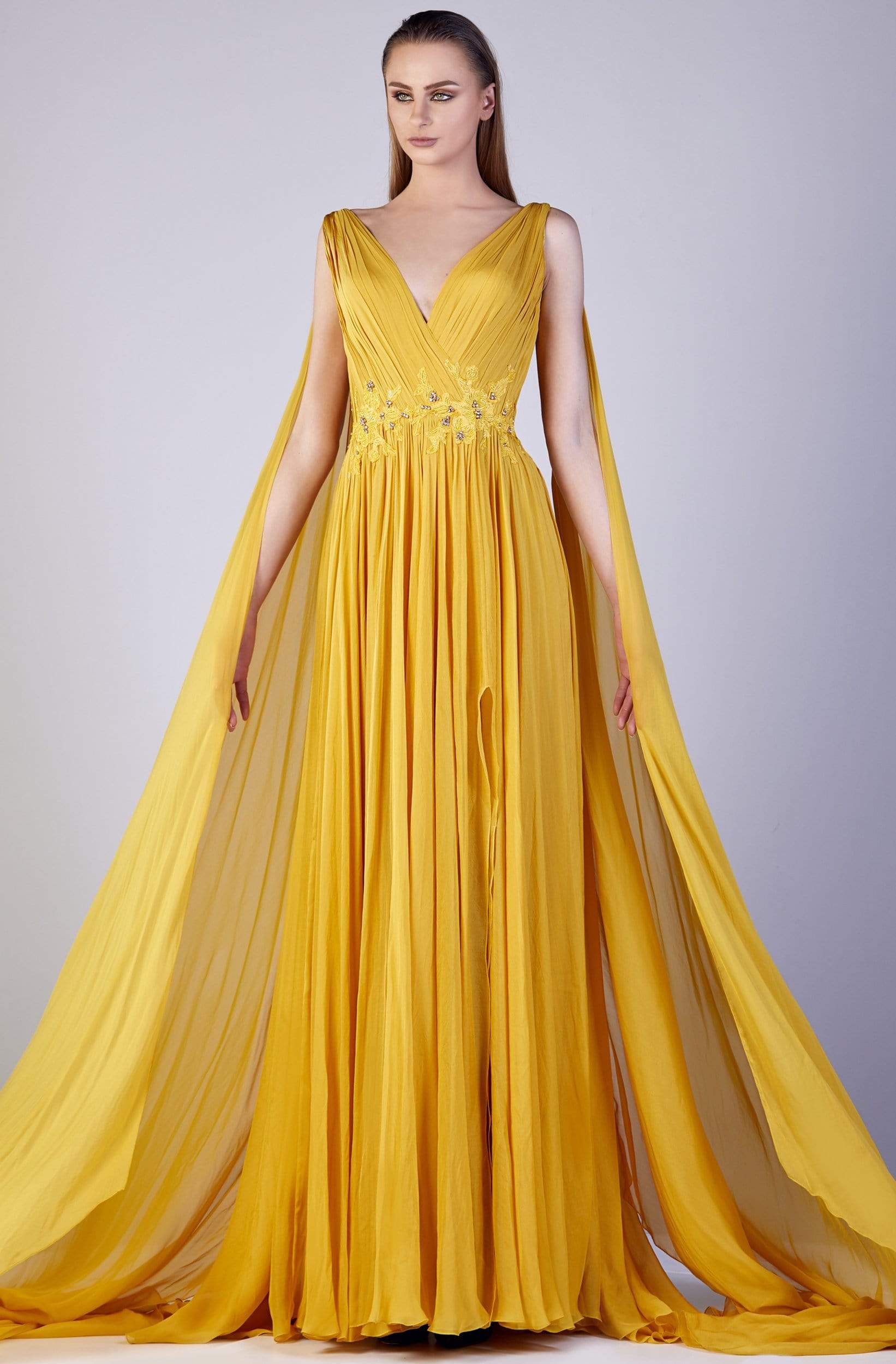 Image of Gatti Nolli Couture - OP-5168 Ruched Long Shoulder Drape A-Line Gown