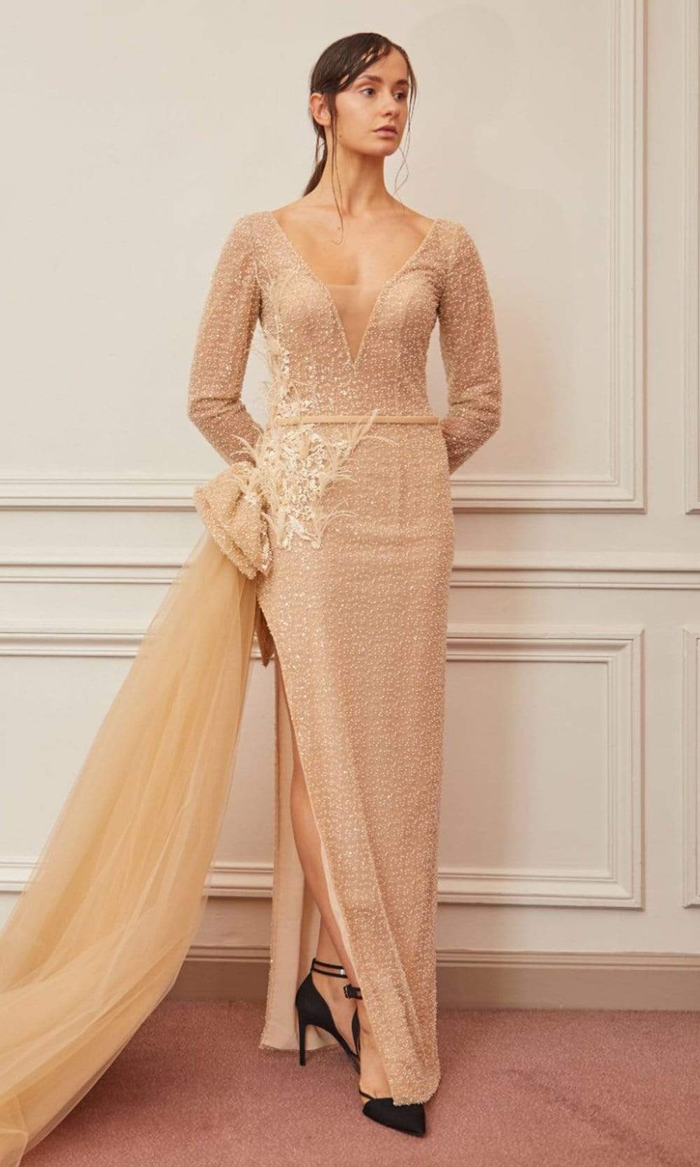 Image of Gatti Nolli Couture - OP-5325 Beaded Long Sleeve Sheer Cascade Gown