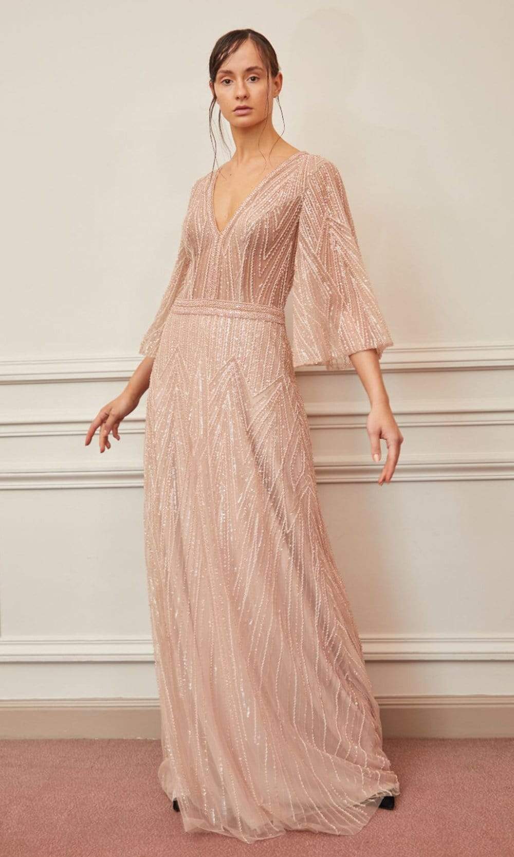 Image of Gatti Nolli Couture - OP-5330 V Neck Quarter Sleeve Fully Beaded Gown
