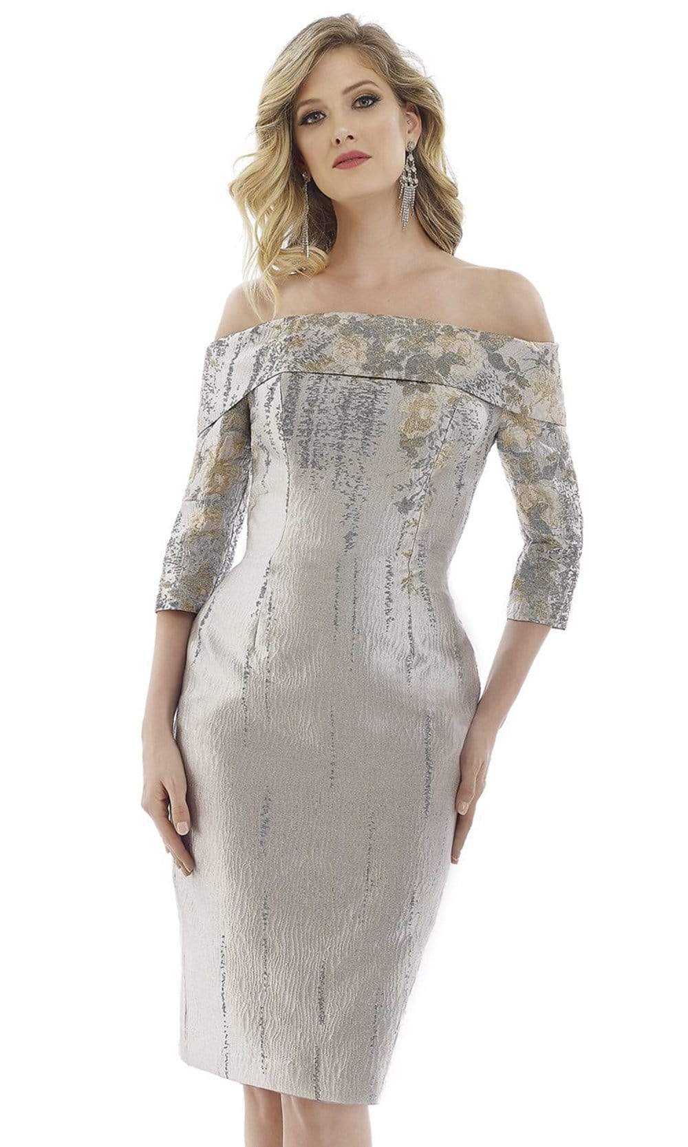 Image of Gia Franco - 12974 Quarter Sleeve Metallic Floral Off Shoulder Dress