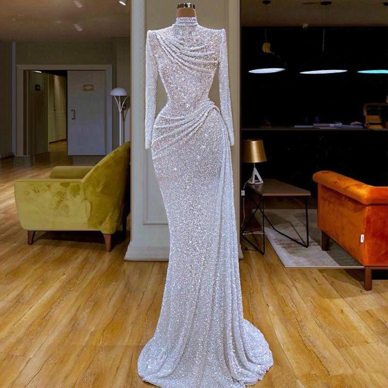 Image of Glitter Mermaid Evening Dresses High Collar Sequins Beaded Sleeve Sweep Train Formal Party Gowns Custom Made Long Prom Dress