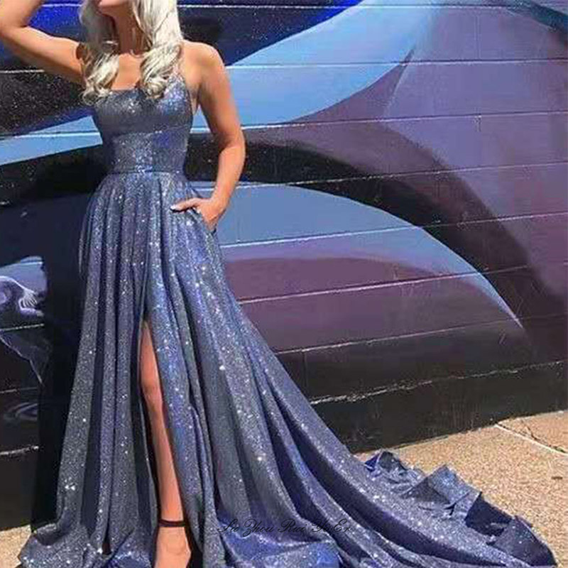 Image of Glittery Prom Dresses Side Slit Long Party Spaghetti Strap Homecoming Dress Court Train A-line Evening Gown Vestido De Festa