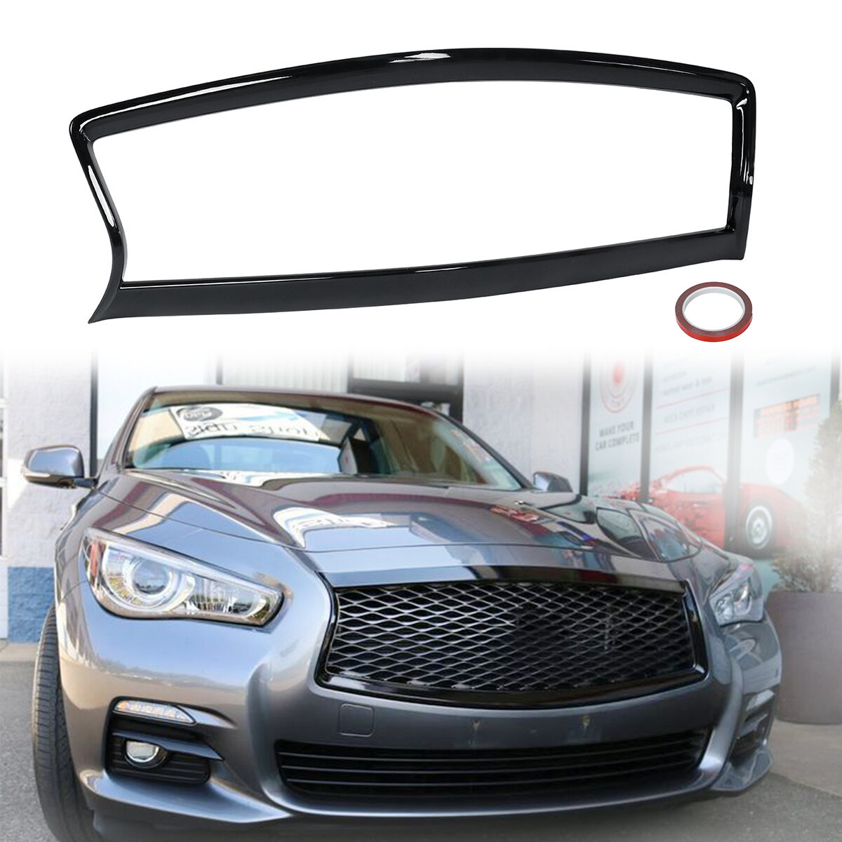 Image of Glossy Black Front Grill Outline Trim Cover Overlay For INFINITI Q50 Q50S 2014-2017