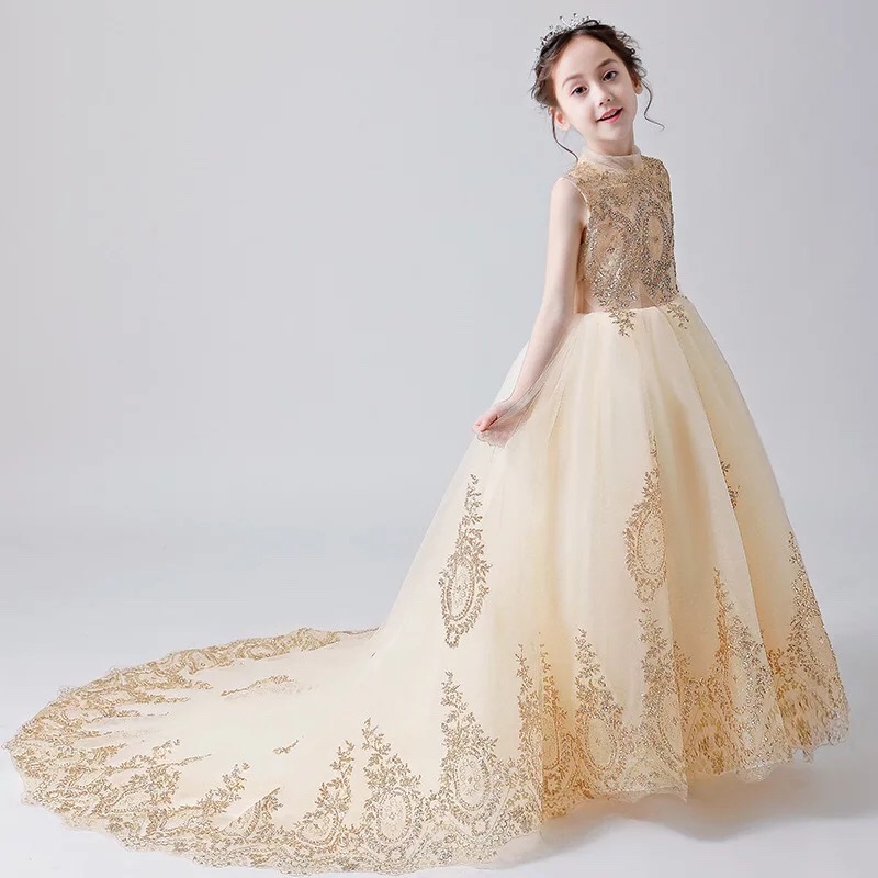 Image of Gold Ball Gown Flower Girls Dresses Long Sweep Train Illusion Bodice Applique Birthday Party Pageant Gowns with Bow Customized
