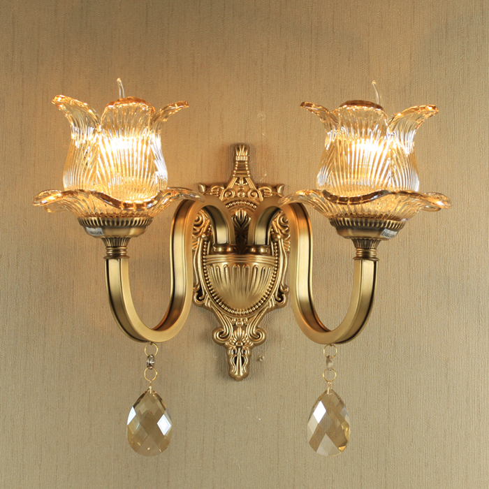 Image of Gold Bronze European Crystal Lamp Retro double bedroom bedside wall lamps hotel hall culb cafe wall light corridor stairs lighting