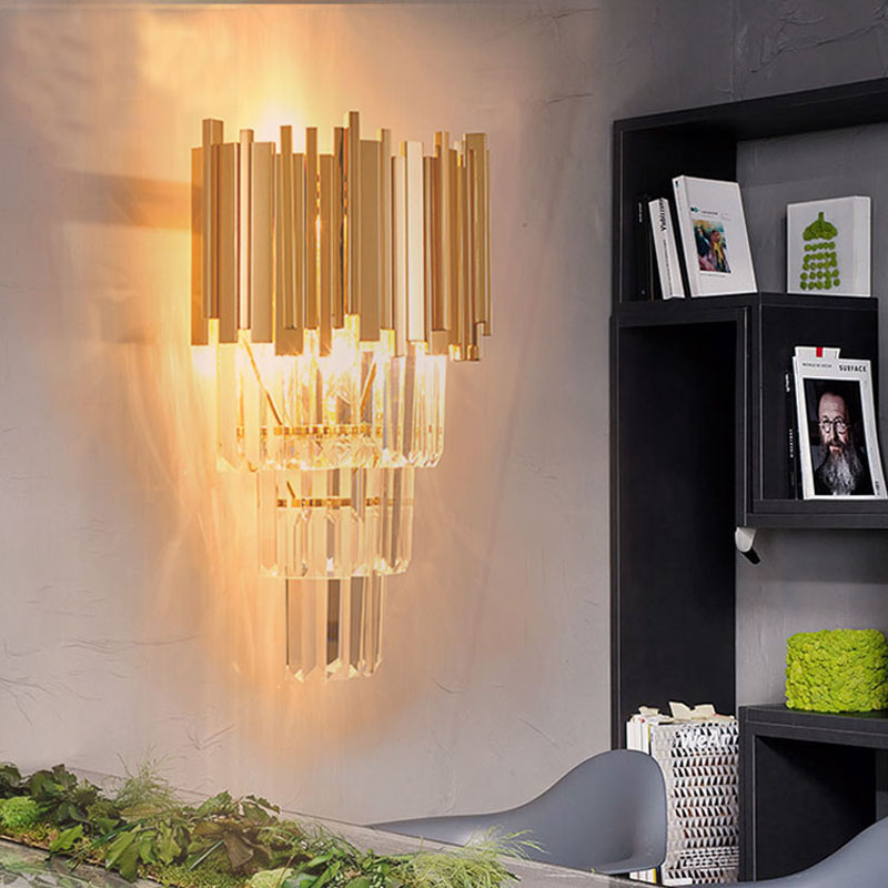 Image of Golden Wall Lamp Modern Minimalist Hotel Culb Bedroom Bedside Wall Light TV Creative Staircase Aisle Lamps LED Crystal Sconce Lights Indoor