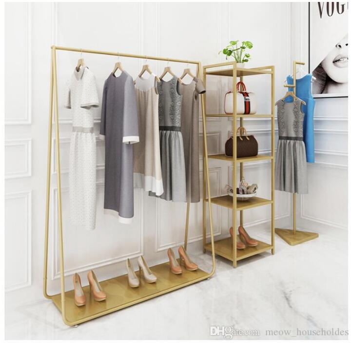 Image of Golden custom color clothing racks Bedroom Furniture Landing coat hanger in cloth stores Iron Hat Frame rack multi-functional shoe shelf