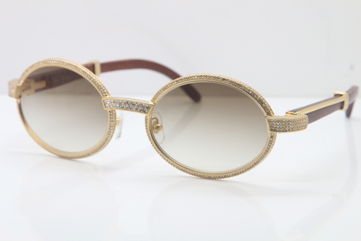 Image of Good Quality Wood Full Frame Diamond Sunglasses 7550178 Round Vintage Unisex High end brand designer Glasses C Decoration gold Sunglasses