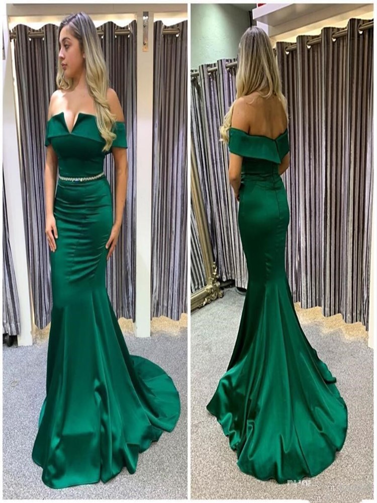Image of Graceful Off Shoulder Green Prom Dresses Zipper Back evening Party Satin Sweep Train robes de soirÃ©e With Beading Sash