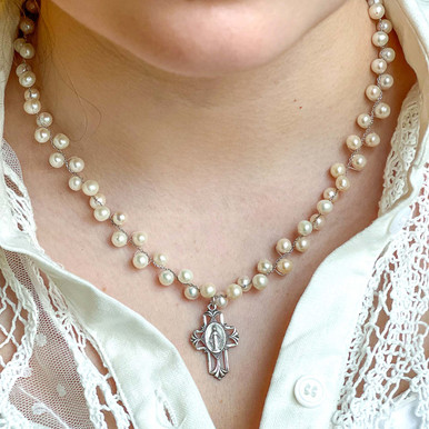 Image of Grapevine Pearl Miraculous Medal Cutout Cross Necklace - Catholic Company® Exclusive