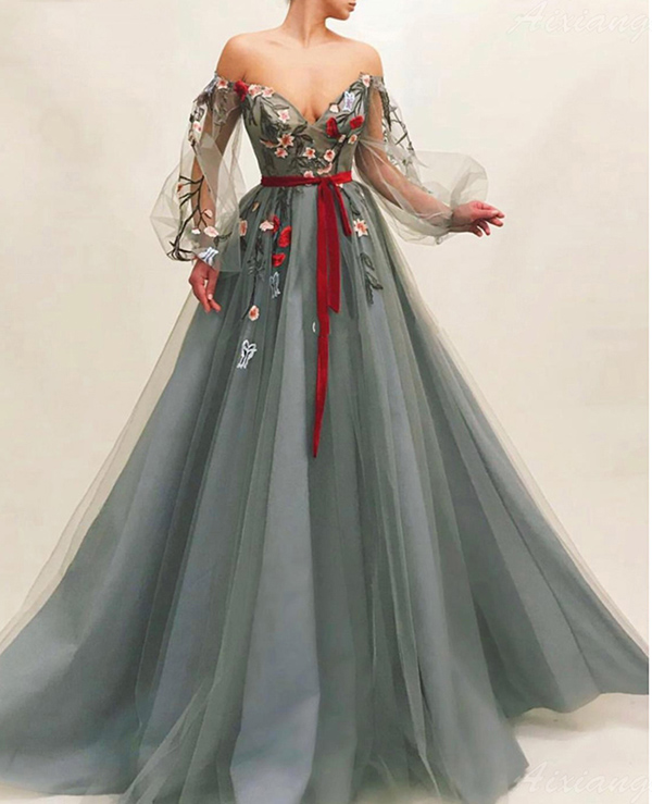 Image of Gray Muslim Evening Dress Off Shoulder Embroidery Tulle Islamic Dubai Kaftan Saudi Arabic Long Sleeves Gown Prom