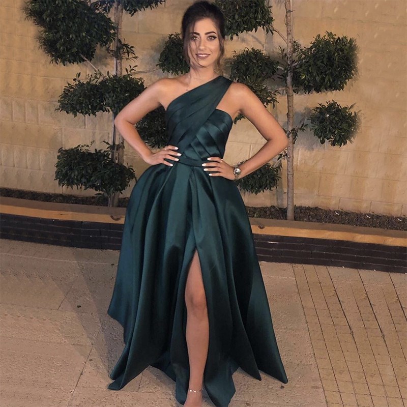 Image of Green One Shoulder Sexy Satin Evening Dresses Sleeveless Ruched Simple Gowns Long Serene Hill