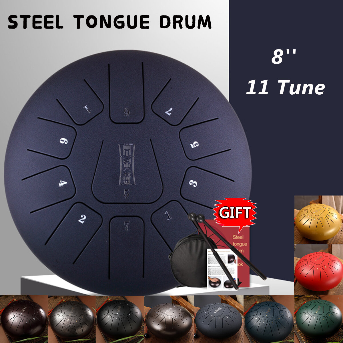 Image of HLURU 8" Steel Tongue Drum C Major 11 Note Handpan Tank Drum Instrument w/ Mallets Bag