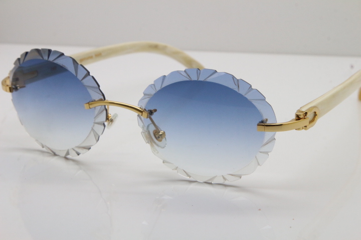 Image of HOT White Genuine Material SunGlasses T8200761 Oval Lens Rimless Carved Trimming Len Vintage Sunglasses outdoors driving glasses