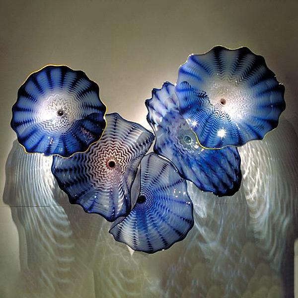 Image of Hand Blown Glass Plates Wall Lamp Art Blue Lighting Italian Designer Flower for Home Decor